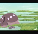 absurdres clodsire closed_mouth day grass highres letterboxed nature no_humans outdoors paldean_wooper pokemon pokemon_(creature) sakanagi_(a_r_co_) signature sky solid_circle_eyes water wetland 