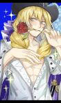  1boy a1na63 absurdres blonde_hair blue_eyes cape cavendish flower hat highres holding holding_flower long_hair long_sleeves male_focus one_piece open_clothes red_flower red_rose rose shirt smile solo sword weapon 