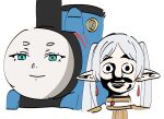  1boy 1girl aqua_eyes commentary crossover drop_earrings earrings elf faceswap frieren horror_(theme) jewelry locomotive looking_at_viewer mechanization parted_bangs personification perutore pointy_ears sanpaku shaded_face simple_background smile sousou_no_frieren staring steam_locomotive teeth thomas_the_tank_engine thomas_the_tank_engine_(character) train twintails upper_teeth_only white_background 