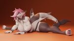 16:9 anthro ashne_(fightinlove) big_breasts breasts claws female fightinlove fish flexible hair hi_res looking_at_viewer lying marine muscular muscular_female on_front pink_hair shark sharp_teeth solo splits spread_legs spreading teeth widescreen