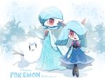  alternate_color anna_(frozen) anna_(frozen)_(cosplay) artist_name blue_dress blue_hair blue_skirt blush bob_cut cape capelet clefairy cosplay dress elsa_(frozen) elsa_(frozen)_(cosplay) frozen_(disney) gardevoir kirlia pink_eyes pokemon purple_capelet shiny_pokemon skirt smile snow snowflakes snowman yuki_min_30 