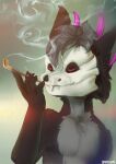  anthro black_body black_fur blurred_background bone canid canine canis eyes_closed fur hi_res horn male mammal mask simple_background skull skull_head skull_mask smoke smoking smoking_pipe stampmats wolf 