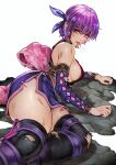  1girl artist_name ayane_(doa) breasts commentary cuts dead_or_alive dead_or_alive_6 fingernails floral_print headband highres injury japanese_clothes kimono lips looking_at_viewer lying magion02 medium_breasts ninja on_side open_mouth purple_hair purple_headband red_eyes shiny_skin short_hair short_kimono sideboob signature sleeveless solo sweat sweatdrop teeth thighs torn_clothes upper_teeth_only 