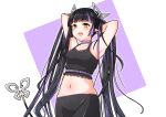  1girl absurdres armpits arms_behind_head bangs black_camisole black_hair black_shorts blunt_bangs blush breasts camisole commentary_request cowboy_shot crop_top demon_girl demon_horns demon_tail highres horns kojo_anna long_hair looking_at_viewer medium_breasts midriff multicolored_hair navel open_mouth pointy_ears purple_background purple_hair robou_no_stone shorts smile solo sugar_lyric tail twintails two-tone_background two-tone_hair virtual_youtuber white_background yellow_eyes 