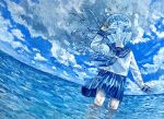  1girl arm_up blue_neckerchief blue_sailor_collar blue_skirt blue_sky blue_theme cloud cloudy_sky day hand_up highres horizon liquid_hair long_sleeves neckerchief ocean original outdoors pleated_skirt s_gurico sailor_collar school_uniform serafuku shirt skirt sky solo standing tentacles traditional_media wading water white_shirt 