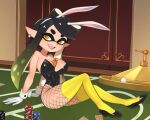  1girl animal_ears bare_shoulders barleyshake black_hair black_leotard blonde_hair bow-shaped_hair breasts callie_(splatoon) carrot commentary commission earrings eyelashes fake_animal_ears fishnets gloves gradient_hair high_heels hoop_earrings indoors inkling jewelry large_breasts leotard long_hair long_pointy_ears mole mole_under_eye multicolored_hair open_mouth playboy_bunny pointy_ears poker_chip rabbit_ears sitting smile solo splatoon_(series) star-shaped_pupils star_(symbol) symbol-shaped_pupils teeth tentacle_hair thick_eyebrows thighhighs two-tone_hair white_gloves yellow_pupils yellow_thighhighs 