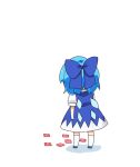  1girl blue_bow blue_dress blue_hair bow cirno commentary_request dress highres ice ice_wings power-up power_item_(touhou) puffy_short_sleeves puffy_sleeves shirt short_hair short_sleeves simple_background socks solo totoharu_(kujirai_minato) touhou white_shirt wings 