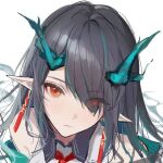  1girl aqua_hair arknights black_hair chinese_commentary close-up closed_mouth commentary_request dragon_girl dragon_horns dusk_(arknights) earrings expressionless eyes_visible_through_hair hair_over_one_eye horns jewelry long_hair looking_at_viewer multicolored_hair orange_eyes pointy_ears portrait shishan979_(seleneebai) simple_background sketch solo streaked_hair white_background 