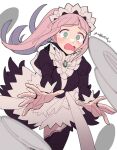  1girl apron black_dress black_thighhighs blush brooch do_m_kaeru dress feather_trim felicia_(fire_emblem) fire_emblem fire_emblem_fates floating_hair frills green_eyes jewelry juliet_sleeves long_hair long_sleeves looking_at_viewer maid maid_headdress open_mouth pink_hair plate ponytail puffy_sleeves sidelocks simple_background solo tearing_up thighhighs twitter_username waist_apron white_apron white_background 