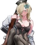  1girl aqua_bow aqua_eyes assault_rifle battle_rifle black_thighhighs blonde_hair bow braid breasts fedorov_(girls&#039;_frontline) fedorov_avtomat girls&#039;_frontline gun hair_bow hair_over_one_eye hat highres holding holding_gun holding_weapon lithographica looking_at_viewer mole mole_on_breast multiple_moles nurse_cap off_shoulder official_alternate_costume rifle simple_background sitting solo thighhighs weapon white_background 
