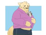 2024 4:3 anthro black_nose bottomwear canid canine clothing duo eyes_closed eyewear feral glasses hi_res hoodie inunoshippo kemono male mammal overweight overweight_male pants raccoon_dog simple_background tanuki topwear