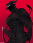 abs balls black_body bodily_fluids claws clothing darkoya demon erection genital_fluids genitals glans hat headgear headwear heart_symbol hi_res horn male muscular muscular_male nipples one_eye_visible penis precum red_background red_eyes shadow_face simple_background solo spade_tail tail