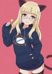 1girl animal_ears birthday black_thighhighs blonde_hair blue_sweater blush candy cat_ears cat_girl cat_tail closed_mouth commentary food french_text glasses hand_in_pocket happy_birthday highres hood hoodie keicha_(kmoekaki) lollipop long_hair looking_at_viewer perrine_h._clostermann pink_background simple_background skindentation smile solo strike_witches sweater tail thighhighs translated world_witches_series yellow_eyes 