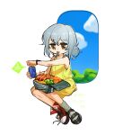  1girl asymmetrical_footwear bare_shoulders broccoli brown_eyes can food g11_(girls&#039;_frontline) girls&#039;_frontline green_socks grey_hair hair_bun meat mismatched_footwear mush sandals short_hair single_hair_bun sitting sleeveless socks solo 