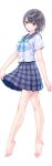  1girl absurdres bare_legs barefoot black_hair blue_reflection blue_reflection_(series) brown_eyes clothes_lift feet full_body hair_between_eyes highres hoshinomiya_girls&#039;_high_school_uniform kishida_mel legs looking_at_viewer midriff_peek plaid plaid_skirt pleated_skirt school_uniform serafuku shirai_hinako short_hair skirt skirt_hold skirt_lift smile solo tiptoes toes white_background 