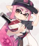  1girl arm_up baseball_cap black_hat black_shirt blunt_bangs blush brown_eyes closed_mouth hand_on_headwear hat heart heart_background highres holding holding_weapon inkling_girl inkling_player_character long_hair looking_at_viewer pink_hair pink_shirt pointy_ears sahata_saba shirt short_sleeves signature smile solo splatoon_(series) squeezer_(splatoon) tentacle_hair two-tone_shirt upper_body weapon white_background 