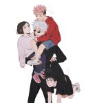  1girl 3boys absurdres aged_down anger_vein black_hair black_shirt blue_eyes brown_eyes brown_hair carrying carrying_person cheek_pinching denim english_commentary flying_sweatdrops fushiguro_megumi gojou_satoru highres hood hoodie itadori_yuuji jeans jujutsu_kaisen kugisaki_nobara long_sleeves multiple_boys notice_lines on_shoulder oratoza pants pinching pink_footwear pink_hair red_hoodie shirt short_hair simple_background spiked_hair sunglasses swept_bangs undercut white_background white_footwear white_hair white_shirt 