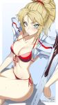  1girl adapted_costume armor bikini blonde_hair braid clarent_(fate) crossed_legs crown_braid dated fate_(series) green_eyes mordred_(fate) orouu planted planted_sword ponytail red_bikini shoulder_armor signature sitting solo swimsuit sword weapon 