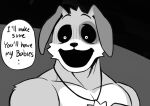 anthro canid canine canis comic creepy_smile dirty_talk dogday_(poppy_playtime) domestic_dog english_text half_body_sketch male mammal monochrome mumu202 muscular muscular_male shocked_expression smile solo text