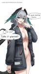  1girl :d absurdres aqua_eyes arknights black_coat breasts coat commentary cosplay cowboy_shot daisy_cutter doctor_(arknights) doctor_(arknights)_(cosplay) grey_hair groin head_wings highres ho&#039;olheyak_(arknights) large_breasts long_sleeves looking_at_viewer navel open_clothes open_coat open_mouth short_hair simple_background smile solo speech_bubble standing stomach thighs white_background wings 