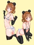  1girl animal_ears arched_back ass bikini black_gloves black_thighhighs braid breasts brown_hair cleavage collarbone delicious_party_precure elbow_gloves fake_animal_ears fake_tail gloves hair_rings hanamichi_ran highres kuppipi_ramutarou looking_at_viewer mouse_ears open_mouth precure red_eyes small_breasts smile solo swimsuit tail thighhighs white_bikini 