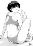  1girl arm_support artist_name ass bottle breasts dated greyscale hadashi_no_kenji hair_between_eyes highres looking_back monochrome original shoes short_hair simple_background sitting small_breasts sneakers solo sports_bra sweat towel water_bottle 
