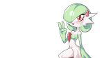  2022 3_fingers breasts clothing drunk_oak female fingers gardevoir generation_3_pokemon green_hair hair hair_over_eye hi_res humanoid nintendo one_eye_obstructed open_mouth open_smile pink_tongue pokemon pokemon_(species) smile solo tongue video_games white_body white_clothing white_skin 