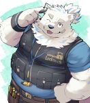 anthro bandage bandage_on_face belt blep canid canine canis clothing domestic_dog fur hi_res kinoshita-jiroh lifewonders live_a_hero locksmith looking_at_viewer male mammal nordic_sled_dog one_eye_closed overweight pawpads samoyed shirt smile solo spitz t-shirt tongue tongue_out tool_belt topwear white_body white_fur wink yohack