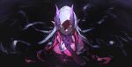  1girl absurdres arknights ascalon_(arknights) black_jacket breasts chest_strap cleavage demon_horns fingernails glowing glowing_eyes hand_to_own_mouth highres horns jacket looking_at_viewer purple_horns red_shirt shirt white_hood wushier 
