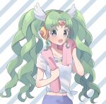  1girl :d bad_id bad_twitter_id colored_eyelashes commentary_request falulu falulu_(awakened) forehead_jewel green_hair grey_eyes headphones holding holding_towel inactive_account long_hair looking_at_viewer midriff open_mouth parted_bangs pretty_series pripara shirt shiyurinpu short_sleeves side-tie_shirt sidelocks smile solo standing sweat towel towel_around_neck twintails white_shirt wing_hair_ornament wiping_sweat 