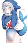  1girl absurdres ass blue_eyes blue_hair closed_mouth fins fish_tail gawr_gura grey_hair highres hololive hololive_english long_hair long_sleeves looking_at_viewer multicolored_hair ohw8g pout shark_girl shark_tail solo speech_bubble spoken_blush streaked_hair tail virtual_youtuber 