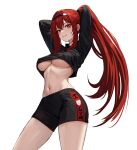  1girl arms_behind_head black_hairband black_shorts breasts cropped_shirt hairband haruyuki_(karem) highres large_breasts long_hair long_sleeves looking_at_viewer mixed-language_commentary mole mole_on_breast mole_under_eye navel ponytail punishing:_gray_raven red_eyes red_hair short_shorts shorts sidelocks smile solo underboob vera:_garnet_(punishing:_gray_raven) vera_(punishing:_gray_raven) very_long_hair white_background 