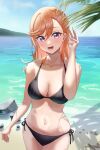  1girl absurdres beach bikini black_bikini blue_sky breasts cleavage cloud collarbone day hair_between_eyes highres horizon ina_ina_rina large_breasts love_live! love_live!_superstar!! medium_hair navel ocean open_mouth orange_hair outdoors purple_eyes sand shibuya_kanon side-tie_bikini_bottom sky smile solo standing stomach swimsuit 