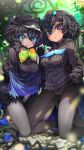  2girls absurdres antennae bird_girl bird_tail bird_wings black_cape black_hair black_sweater blue_eyes blush bow bowtie breasts cape gloves gradient_bow hair_between_eyes hat head_wings highres kemono_friends kemono_friends_2 long_sleeves looking_at_viewer medium_breasts melaton multicolored_bowtie multiple_girls open_mouth pantyhose short_hair skirt smile superb_bird-of-paradise_(kemono_friends) sweater tail western_parotia_(kemono_friends) wings 