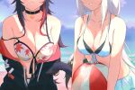  2girls ball bare_shoulders beach beachball bikini bikini_skirt black_hair breasts choker cleavage fox_girl fox_tail head_out_of_frame highres hololive jacket jacket_partially_removed large_breasts long_hair medium_breasts mochachino multicolored_hair multiple_girls ookami_mio red_hair shirakami_fubuki smile streaked_hair swimsuit tail virtual_youtuber water white_hair wolf_girl wolf_tail 