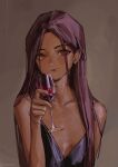  1girl black_dress breasts brown_background brown_eyes brown_hair closed_mouth cup dark-skinned_female dark_skin demi_(nashidrop) dress drinking_glass gold_choker highres holding holding_cup long_hair looking_at_viewer nashidrop original small_breasts solo wine_glass 