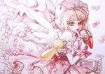  1girl 1other cardcaptor_sakura dress flower frilled_dress frills green_eyes hat holding holding_wand karin_park kero_(cardcaptor_sakura) kinomoto_sakura looking_at_viewer painting_(medium) pink_dress pink_hat puffy_short_sleeves puffy_sleeves short_hair short_sleeves signature smile tail traditional_media wand watercolor_(medium) white_wings wings 