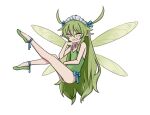  1girl ankle_ribbon black_souls blue_ribbon clenched_teeth fairy_wings green_eyes green_hair green_leotard green_wings grin hair_ribbon hand_up leaf_(black_souls) leg_ribbon legs_up leotard long_hair looking_at_viewer maid_headdress pointy_ears rabbit_king ribbon sidelocks smile solo teeth two_side_up very_long_hair wings 
