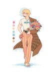  1boy artist_name belt black_belt black_facial_hair blonde_hair blue_flower blush bouquet brown_coat brown_pants character_charm charm_(object) cigarette clothes_writing coat coat_partially_removed color_guide curly_eyebrows facial_hair flower goatee hand_in_pocket heart high-waist_pants highres holding holding_bouquet jewelry looking_to_the_side male_focus morilatte_art nami_(one_piece) necklace newspaper one_piece pants pink_flower red_flower sanji_(one_piece) shell shell_necklace shirt shoes short_hair short_sleeves simple_background smoke smoking sneakers solo walking white_background white_flower white_footwear white_shirt yellow_flower 