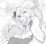  2girls anisphia_wynn_palettia blush book euphyllia_magenta greyscale hair_ribbon hand_on_another&#039;s_shoulder heads_together highres holding holding_book long_hair medium_hair monochrome multiple_girls open_mouth qqwan120 reading ribbon sitting smile sparkle tensei_oujo_to_tensai_reijou_no_mahou_kakumei yuri 