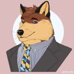 anthro black_ears blazer canid canine canis classy clothed clothing dress_shirt fully_clothed hi_res male mammal multicolored_body necktie portrait purple_eyes shirt solo suit topwear treebarkdragon whiskers wolf
