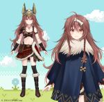  1girl :3 animal_ears armor belt_pouch bikini_armor black_thighhighs blue_cape bone_hair_ornament boots bracer braid braided_sidelock breasts brown_eyes brown_footwear brown_hair cape cleavage commentary_request dog_ears dog_girl dog_tail fukahire_(ruinon) full_body fur-trimmed_boots fur-trimmed_cape fur_skirt fur_trim hair_between_eyes hair_ornament helmet hololive inugami_korone inugami_korone_(viking) jewelry knee_boots leather leather_armor leather_belt leather_boots long_hair looking_at_viewer medium_breasts messy_hair midriff miniskirt navel necklace official_alternate_costume official_alternate_hairstyle official_art pauldrons pixelated pouch print_cape print_skirt red_skirt shoulder_armor sidelocks skirt solo standing tail thighhighs variations virtual_youtuber 