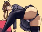  1girl ass black_panties black_ribbon black_thighhighs blue_eyes blue_necktie brown_hair commentary_request glasses grey_skirt gun_girl_(kamisimo_90) hair_ribbon jacket kamisimo_90 leaning_forward long_sleeves looking_at_viewer necktie open_mouth original panties presenting ribbon shirt short_twintails skirt smile spread_legs thighhighs twintails underwear uniform white_shirt 