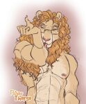  2021 anthro arm_hair athletic athletic_anthro athletic_male beastars body_hair brown_hair countershading eyewear eyewear_only felid front_view glasses glasses_only hair half-length_portrait ibuki_(beastars) licking licking_arm lion male mammal mane nipples nude nude_anthro nude_male pantherine portrait self_lick solo tan_body thorso_the_vile tongue tongue_out 