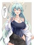  1girl :d ^_^ absurdres abydos_high_school_swimsuit ahoge aqua_hair blue_archive blue_one-piece_swimsuit blush breasts brown_skirt cleavage closed_eyes collarbone commentary_request covered_navel grey_background hair_between_eyes halo highres hoshino_(blue_archive) kanova large_breasts long_hair one-piece_swimsuit open_clothes open_mouth open_shirt plaid plaid_skirt shirt skirt smile solo speech_bubble sweat swimsuit translation_request two-tone_background undressing white_background white_shirt yume_(blue_archive) 