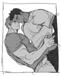  2boys ao_isami bara blush couple dutch_angle face-to-face facial_hair from_side greyscale haohaoci interracial large_pectorals lewis_smith male_focus monochrome multiple_boys muscular muscular_male pectorals profile short_hair sideburns_stubble stubble thick_eyebrows undressing_another yaoi yuuki_bakuhatsu_bang_bravern 