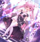  1girl :d bangs black_dress black_footwear blurry blurry_background blush breasts collar commentary_request depth_of_field detached_collar dress dutch_angle fangs frilled_dress frilled_skirt frills hair_between_eyes hair_ribbon hand_up highres himekuma_ribon long_hair petals pink_hair pink_ribbon pleated_skirt re:act red_eyes ribbon shoes skindentation skirt small_breasts smile solo stage standing standing_on_one_leg thighhighs twintails virtual_youtuber white_collar white_skirt white_thighhighs wing_collar yuyuko_(yuyucocco) 