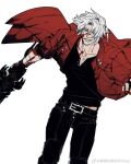  1boy 3hkxbot black_gloves black_pants blue_eyes coat dante_(devil_may_cry) devil_may_cry_(series) devil_may_cry_5 facial_hair fingerless_gloves gloves highres holding long_hair looking_at_viewer male_focus pants rebellion_(sword) red_coat simple_background smile solo weapon white_background white_hair 