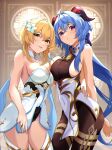  2girls :p ahoge asymmetrical_docking bare_arms bell blonde_hair blue_hair breast_press breasts cleavage commentary_request cowbell fingernails flower ganyu_(genshin_impact) genshin_impact goat_horns hair_flower hair_ornament highres horns large_breasts long_hair looking_at_viewer lumine_(genshin_impact) multiple_girls nail_polish neck_bell pantyhose purple_eyes sleeveless thighs tongue tongue_out yellow_eyes yellow_nails yoshitoki_(kisshin) 