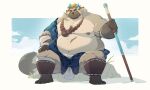 2024 absurd_res anthro asian_clothing belly big_belly brown_body canid canine clothing east_asian_clothing fundoshi hi_res horn japanese_clothing male mammal moobs nipples overweight overweight_male raccoon_dog riisago scar sitting solo tanuki underwear white_clothing white_fundoshi white_underwear